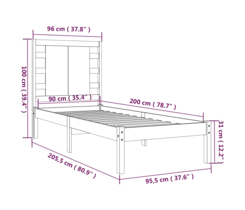 Estructura de cama sin colchón madera maciza de pino 90x200 cm