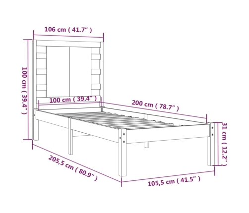 Estructura de cama madera maciza de pino negra 100x200 cm