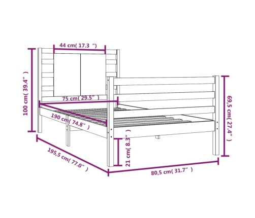 Estructura de cama sin colchón madera maciza pino 75x190 cm