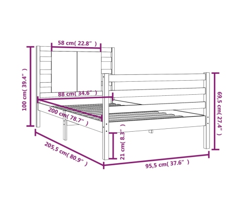 Estructura de cama madera maciza pino marrón miel 90x200 cm