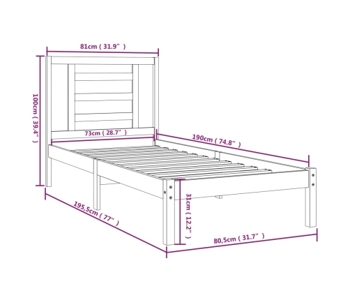 Estructura de cama madera maciza individual negra 75x190 cm
