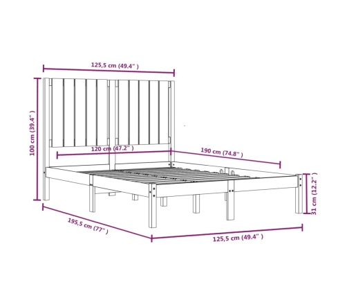 Estructura de cama doble pequeña madera maciza blanca 120x190cm