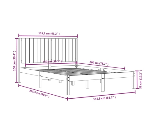 Estructura de cama madera maciza blanca King Size 150x200 cm