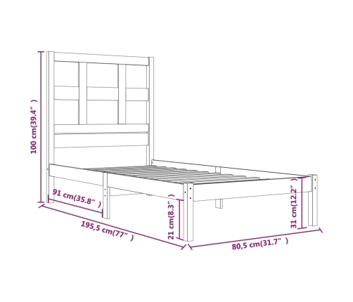 Estructura de cama madera maciza individual negra 75x190 cm