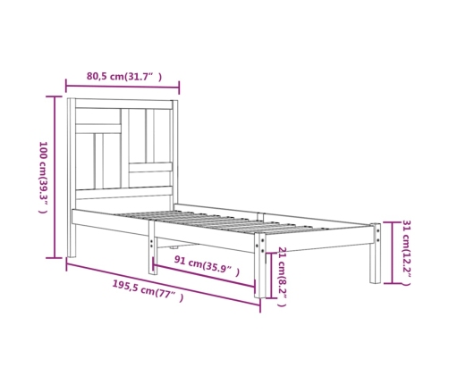 Estructura de cama madera maciza individual negra 75x190 cm