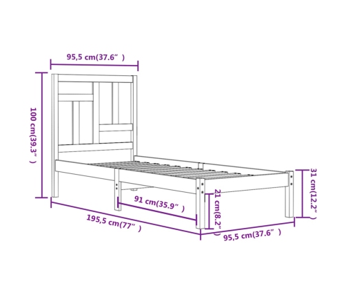 Estructura de cama madera maciza pino individual negro 90x190cm