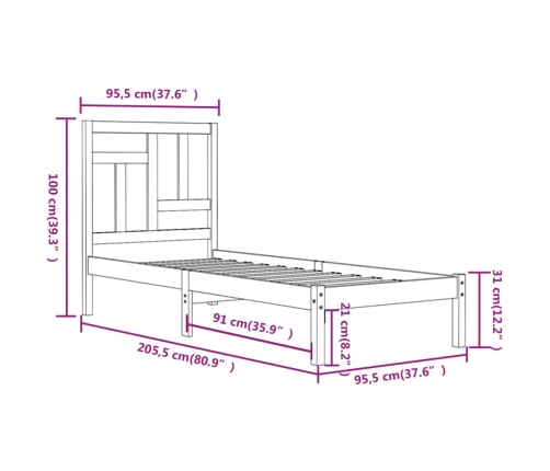 Estructura de cama sin colchón madera maciza de pino 90x200 cm