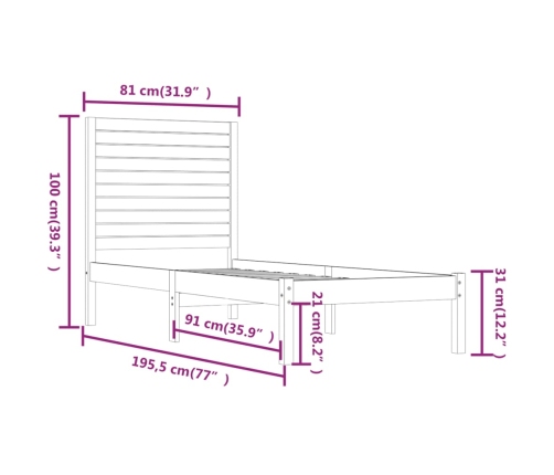 Estructura de cama madera maciza individual blanco 75x190 cm