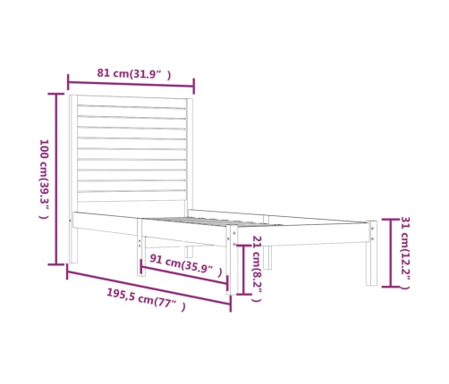 Estructura de cama madera maciza individual negra 75x190 cm