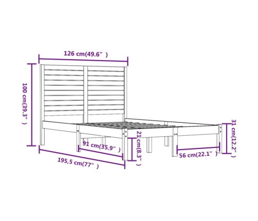 Estructura de cama doble pequeña madera maciza blanca 120x190cm
