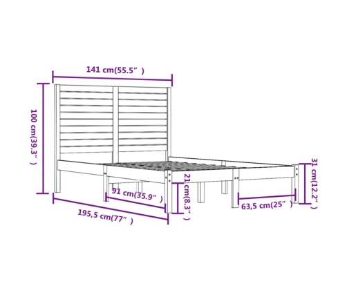 Estructura de cama de madera maciza blanca 135x190 cm