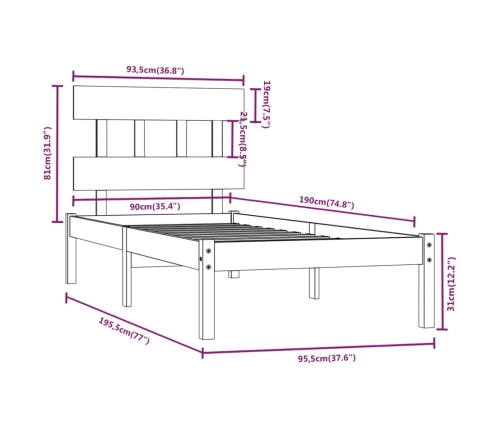 Estructura de cama individual madera maciza blanco 90x190 cm
