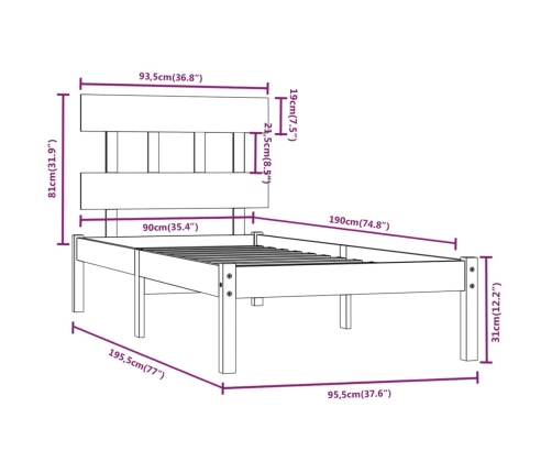 Estructura de cama individual madera maciza negra 90x190 cm