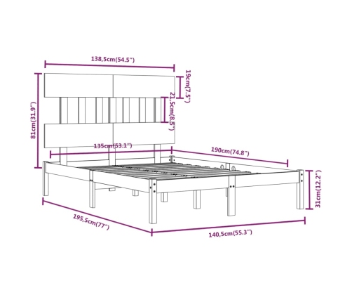 Estructura de cama de matrimonio madera maciza 135x190 cm