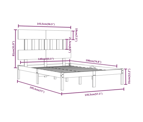 Estructura de cama madera maciza de pino 140x190 cm