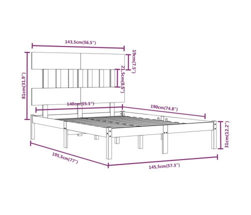 Estructura de cama de madera maciza blanca 140x190 cm