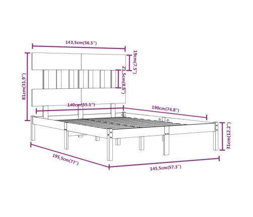 Estructura de cama de madera maciza negra 140x190 cm