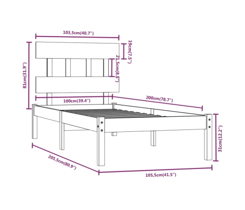 Estructura de cama de madera maciza 100x200 cm