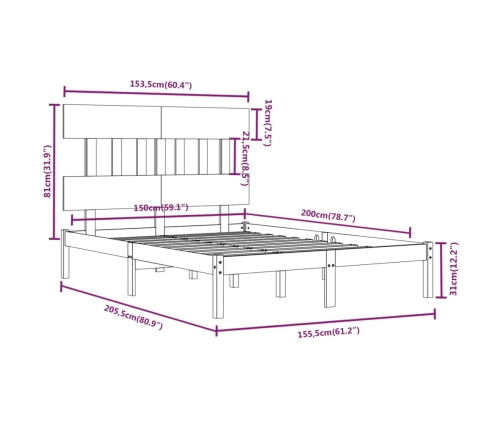 Estructura de cama madera maciza blanca King Size 150x200 cm