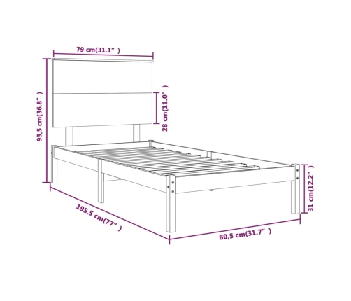 Estructura de cama madera maciza individual negra 75x190 cm