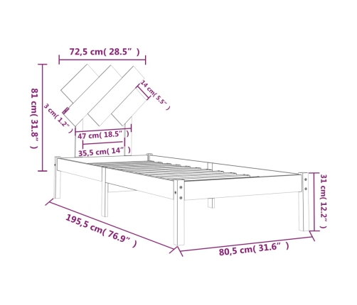 Estructura cama madera maciza individual negro 75x190 cm