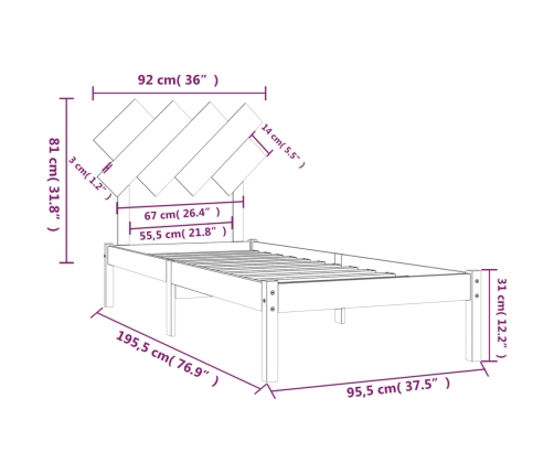 Estructura de cama individual de madera maciza blanco 90x190 cm