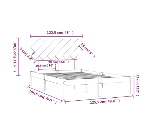 Estructura de cama doble pequeña de madera maciza 120x190 cm