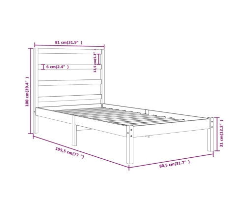 Estructura de cama madera maciza individual blanco 75x190 cm