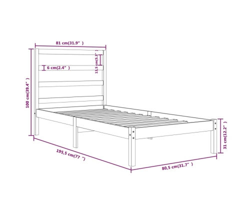 Estructura de cama madera maciza individual negra 75x190 cm