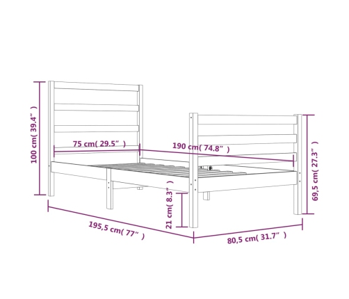 Estructura de cama sin colchón madera maciza blanca 75x190 cm