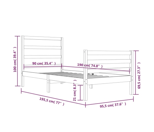 Estructura de cama madera maciza de pino 90x190 cm