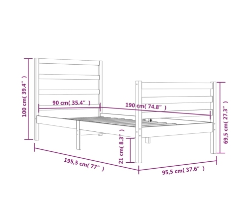 Estructura de cama madera maciza de pino blanco 90x190 cm