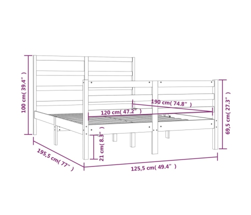 Estructura de cama doble madera maciza marrón miel 120x190 cm