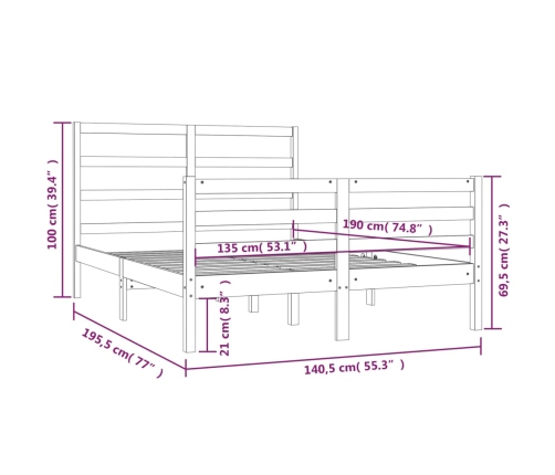 Estructura de cama madera maciza de pino doble gris 135x190cm