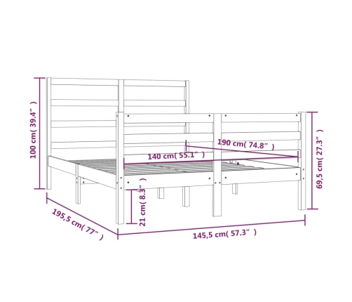 Estructura de cama de madera maciza de pino gris 140x190 cm