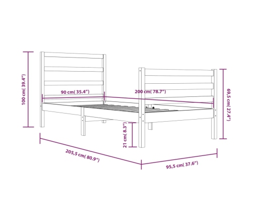 Estructura de cama sin colchón madera maciza de pino 90x200 cm