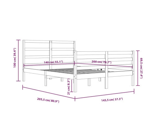 Estructura de cama sin colchón madera maciza de pino 140x200 cm