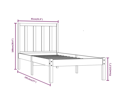 Estructura de cama sin colchón madera maciza pino 75x190 cm