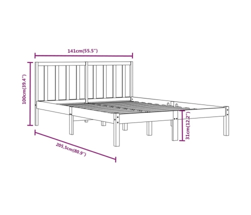 Estructura de cama madera maciza de pino doble gris 135x190cm