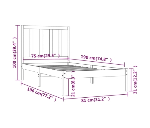 Estructura de cama madera maciza de pino blanco 75x190 cm