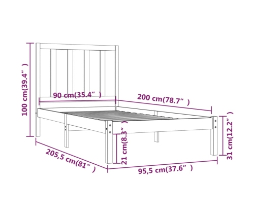 Estructura de cama sin colchón madera maciza de pino 90x200 cm