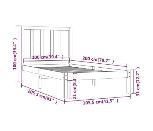 Estructura de cama sin colchón madera maciza de pino 100x200 cm