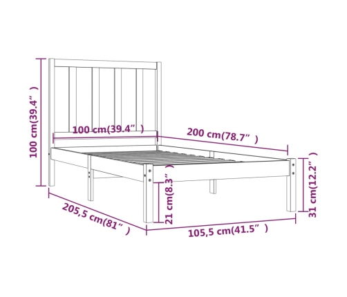 Estructura de cama sin colchón madera de pino negro 100x200 cm