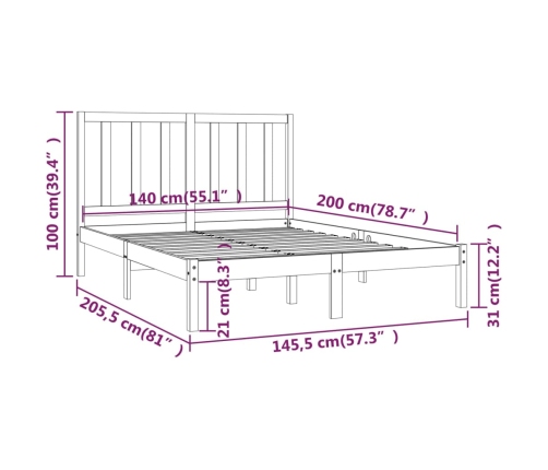 Estructura de cama sin colchón madera maciza de pino 140x200 cm