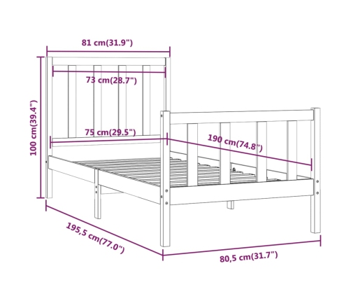 Estructura de cama madera maciza individual blanco 75x190 cm