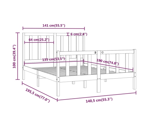 Estructura de cama doble madera maciza negra 135x190 cm