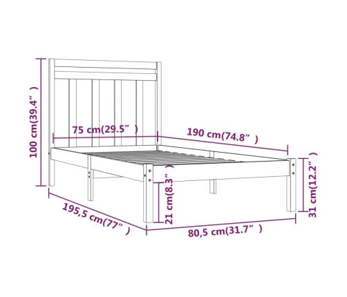 Estructura de cama madera maciza 75x190 cm