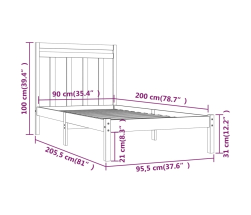 Estructura de cama madera maciza de pino 90x200 cm