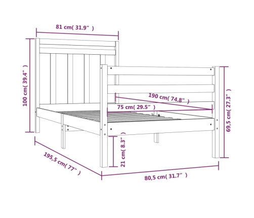 Estructura de cama madera maciza 75x190 cm