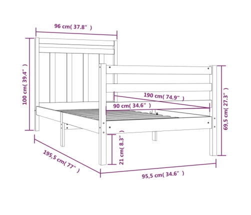 Estructura de cama madera maciza 90x190 cm